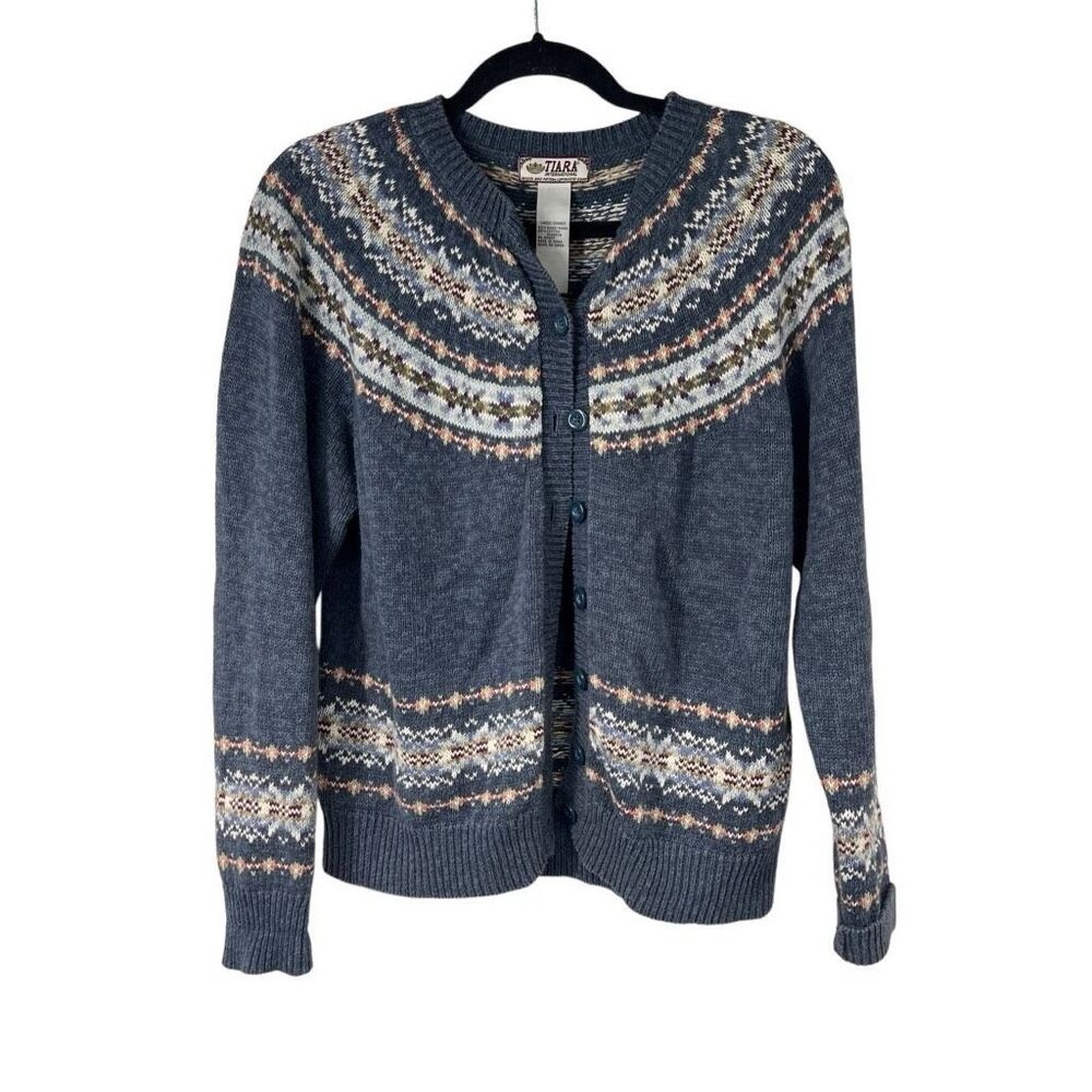 Tiara Cardigan Sweater Fair Isle Nordic Ski Blue Tan White Full Button Front L - Picture 1 of 9